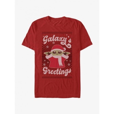 The Mandalorian Grogu Galaxy Greetings Red T-Shirt - Lightweight Men's Cotton