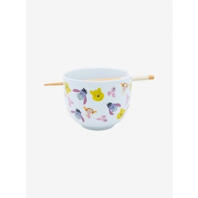 Disney Winnie The Pooh Character Faces Ceramic Ramen Bowl with Bamboo Chopsticks