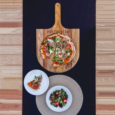 Luca-Inspired Acacia Wood Pizza Peel with Beveled Edge and Portorosso Etching