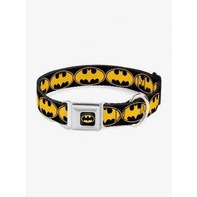 DC Comics Justice League Bat Signal Pet Collar with Black and Yellow Seatbelt Buckle